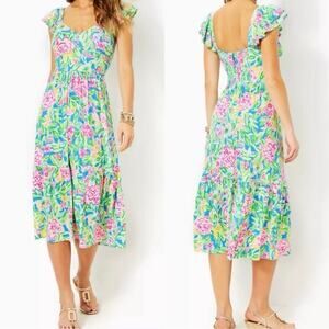 NWT Lilly Pulitzer Bayleigh Flutter Sleeve Midi Dress Size 6 Multi Grove Garden